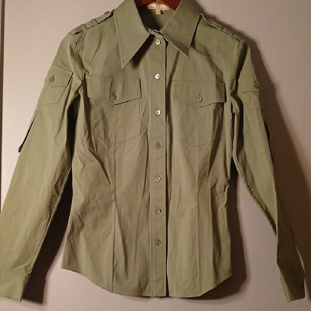 Woman's Michael Kors Collection Military Olive Green Button-Up Shirt Size 2 NWOT